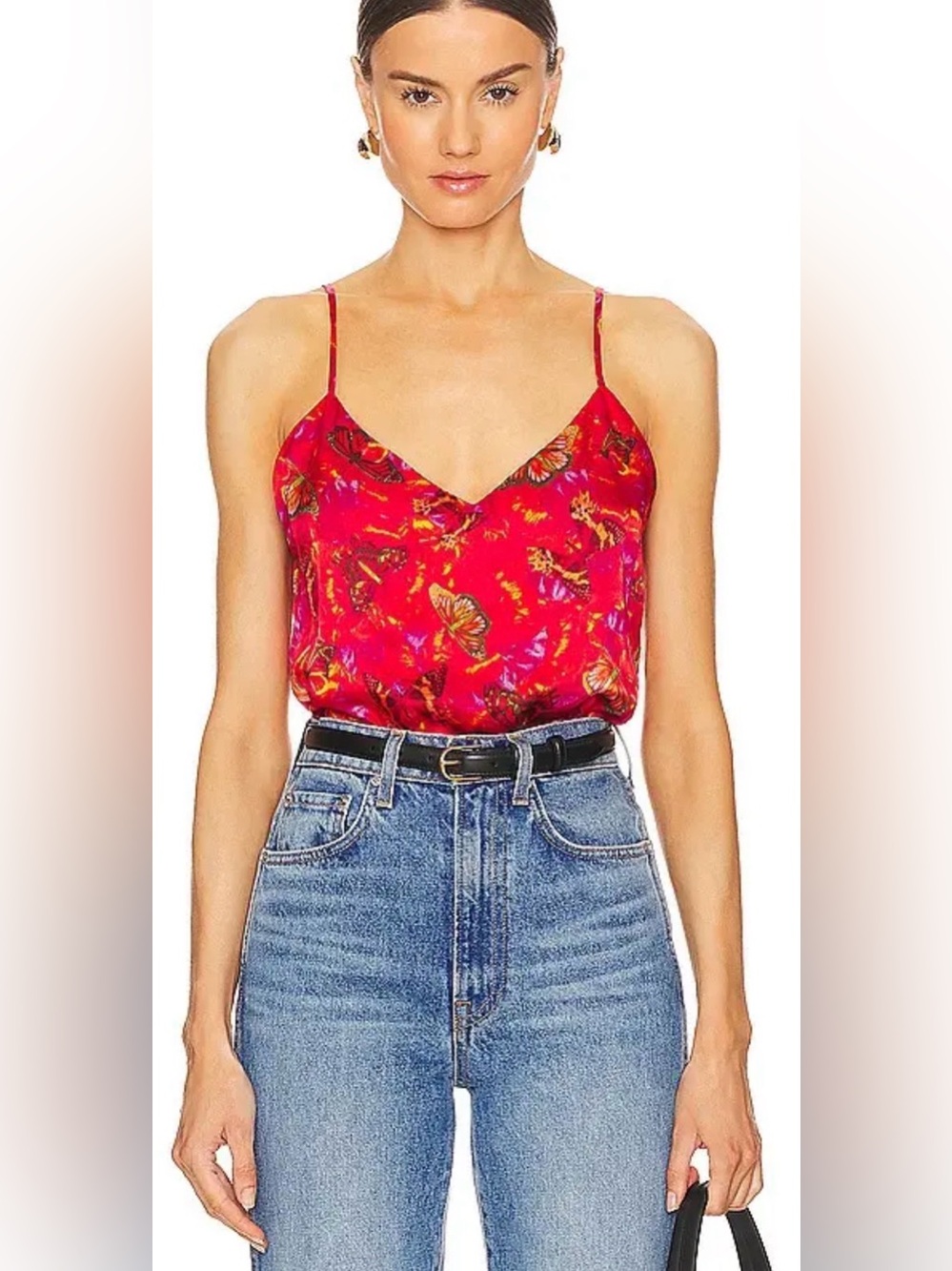 LAGENCE Jane Spaghetti Strap Top in Red Butterflies Silk Size Large